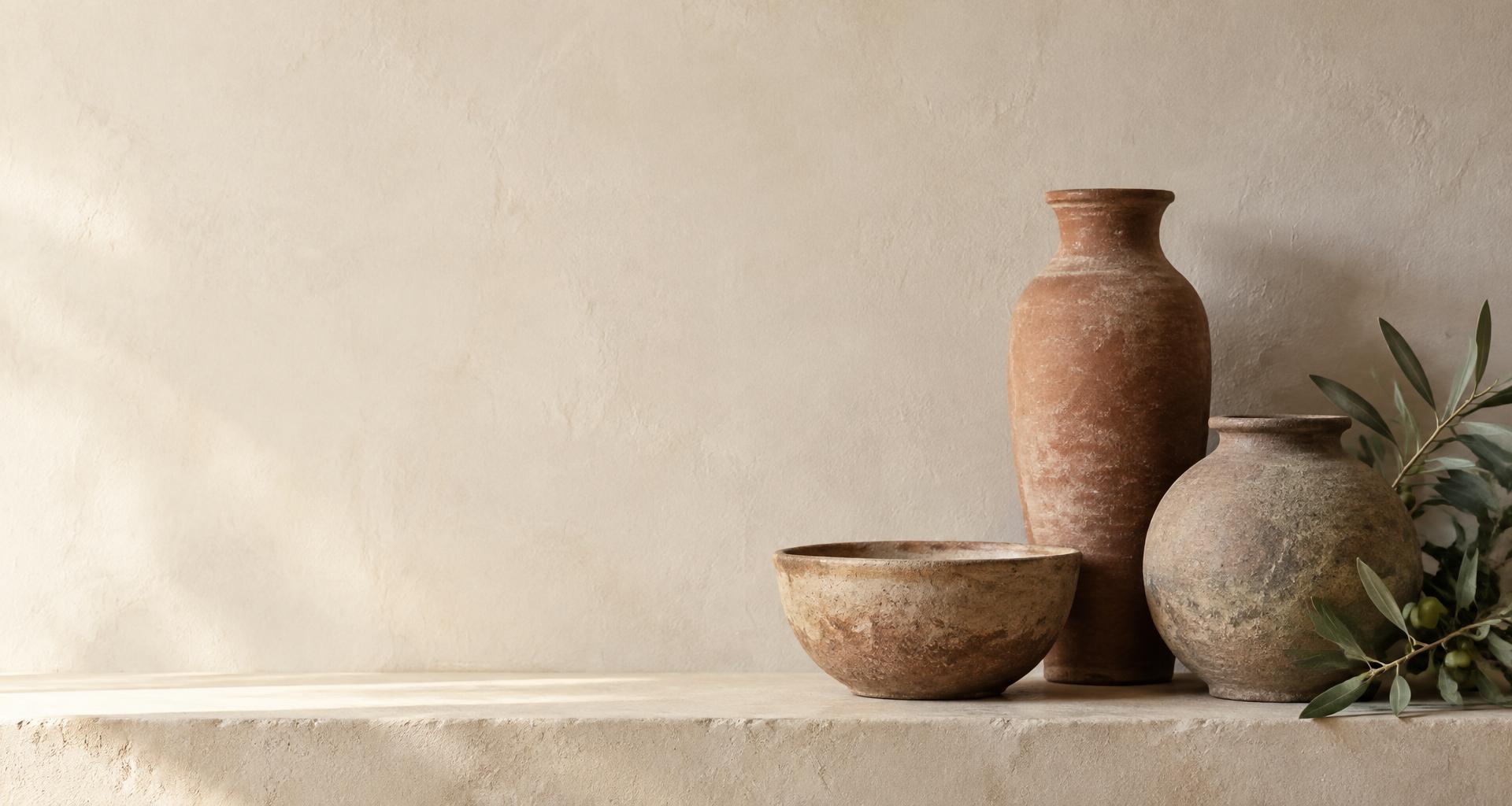 Handcrafted clay vessels in warm sunlight